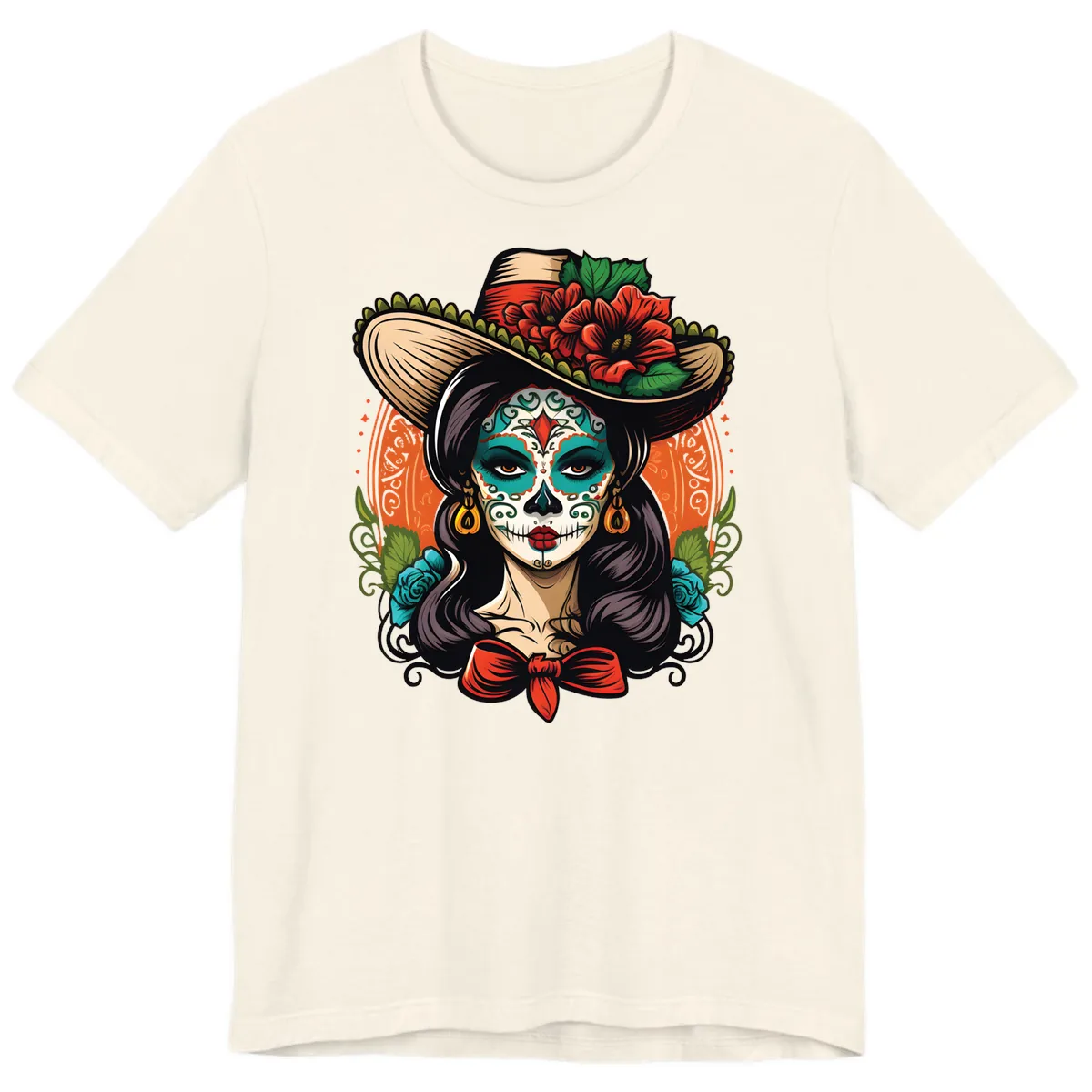 Vibrant Day of the Dead Calavera Lady with Floral Sombrero Premium T-Shirt in Natural