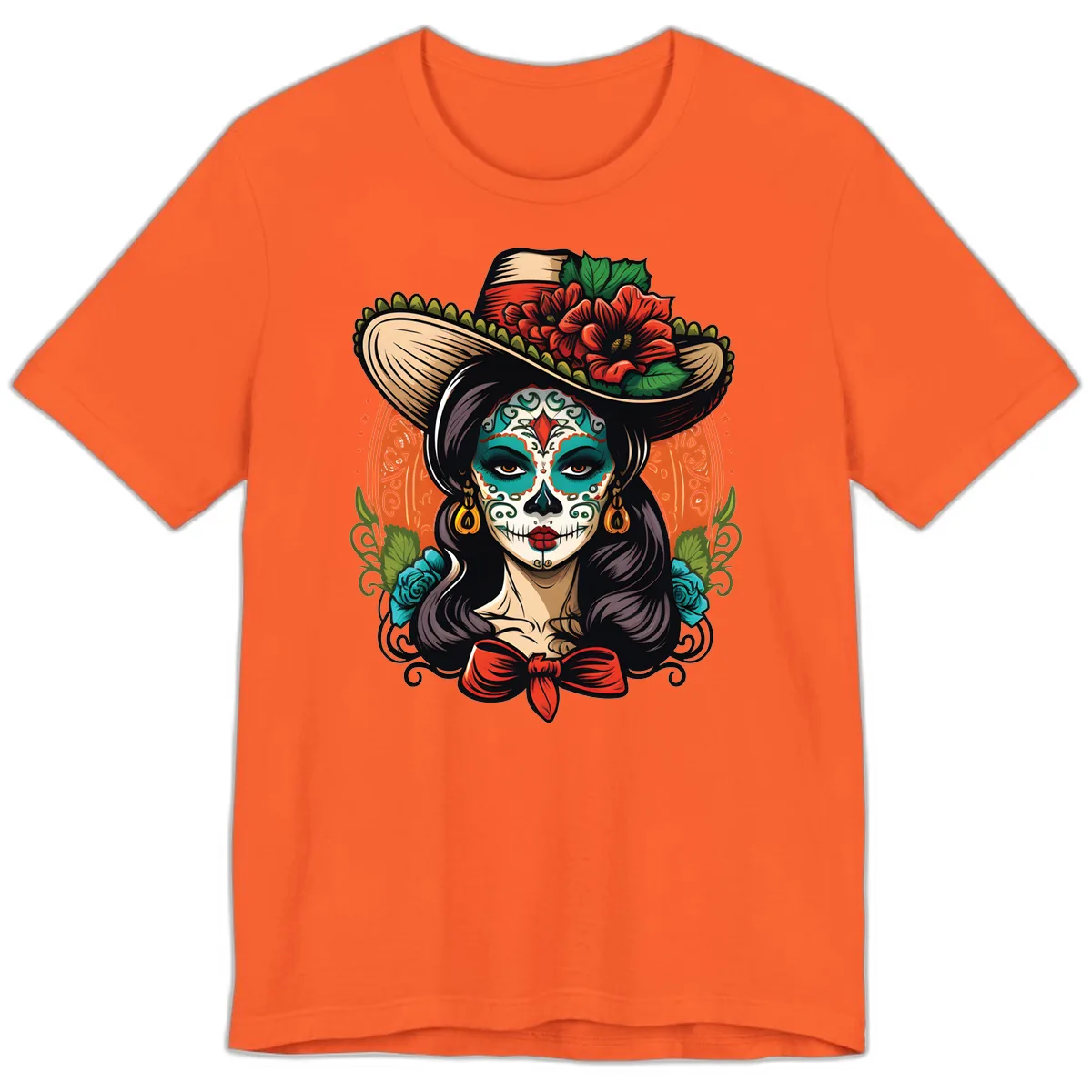 Vibrant Day of the Dead Calavera Lady with Floral Sombrero Premium T-Shirt in Orange
