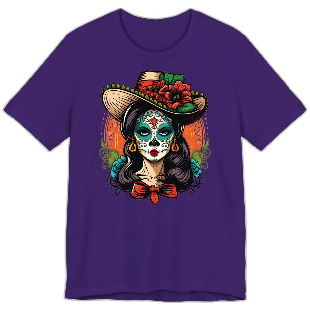 Vibrant Day of the Dead Calavera Lady with Floral Sombrero Premium T-Shirt in Team Purple