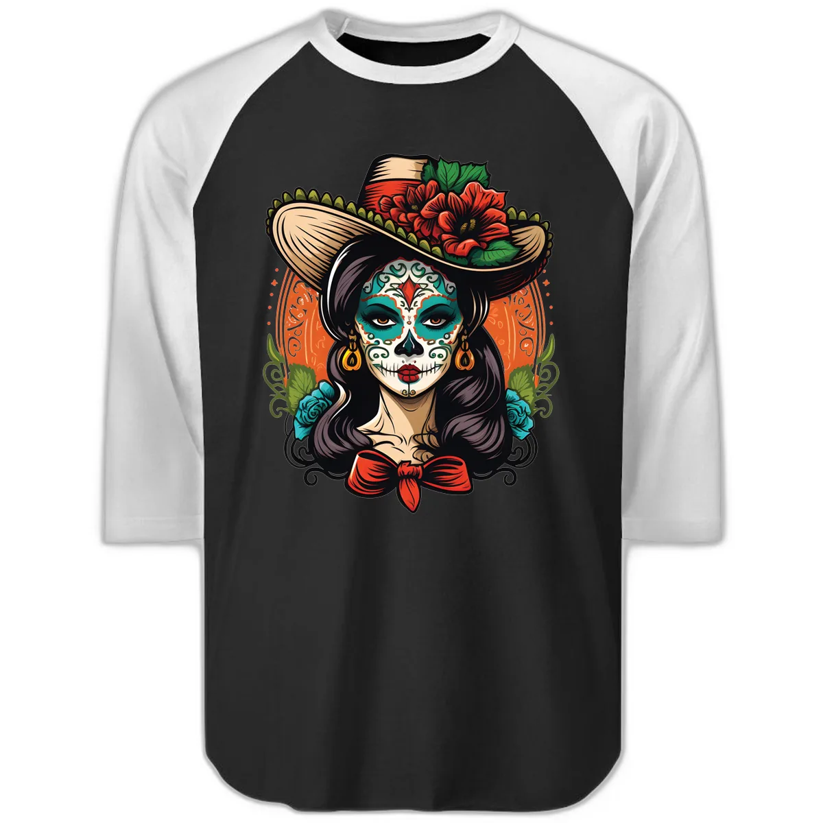 Vibrant Day of the Dead Calavera Lady with Floral Sombrero Raglan 3/4 in Black White