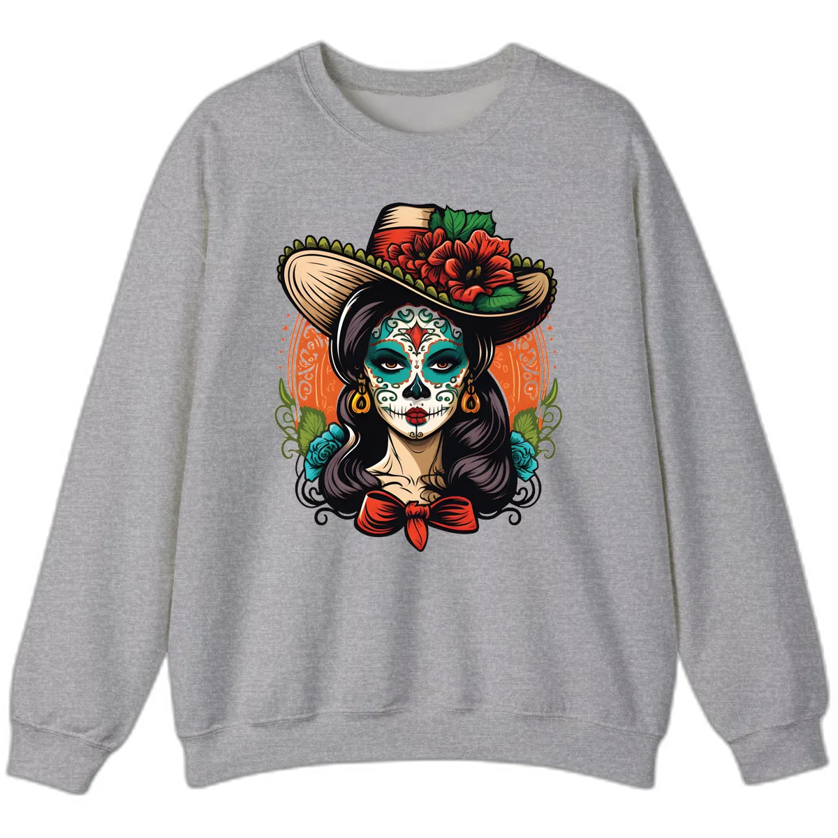Vibrant Day of the Dead Calavera Lady with Floral Sombrero Sweatshirt in Sport Grey