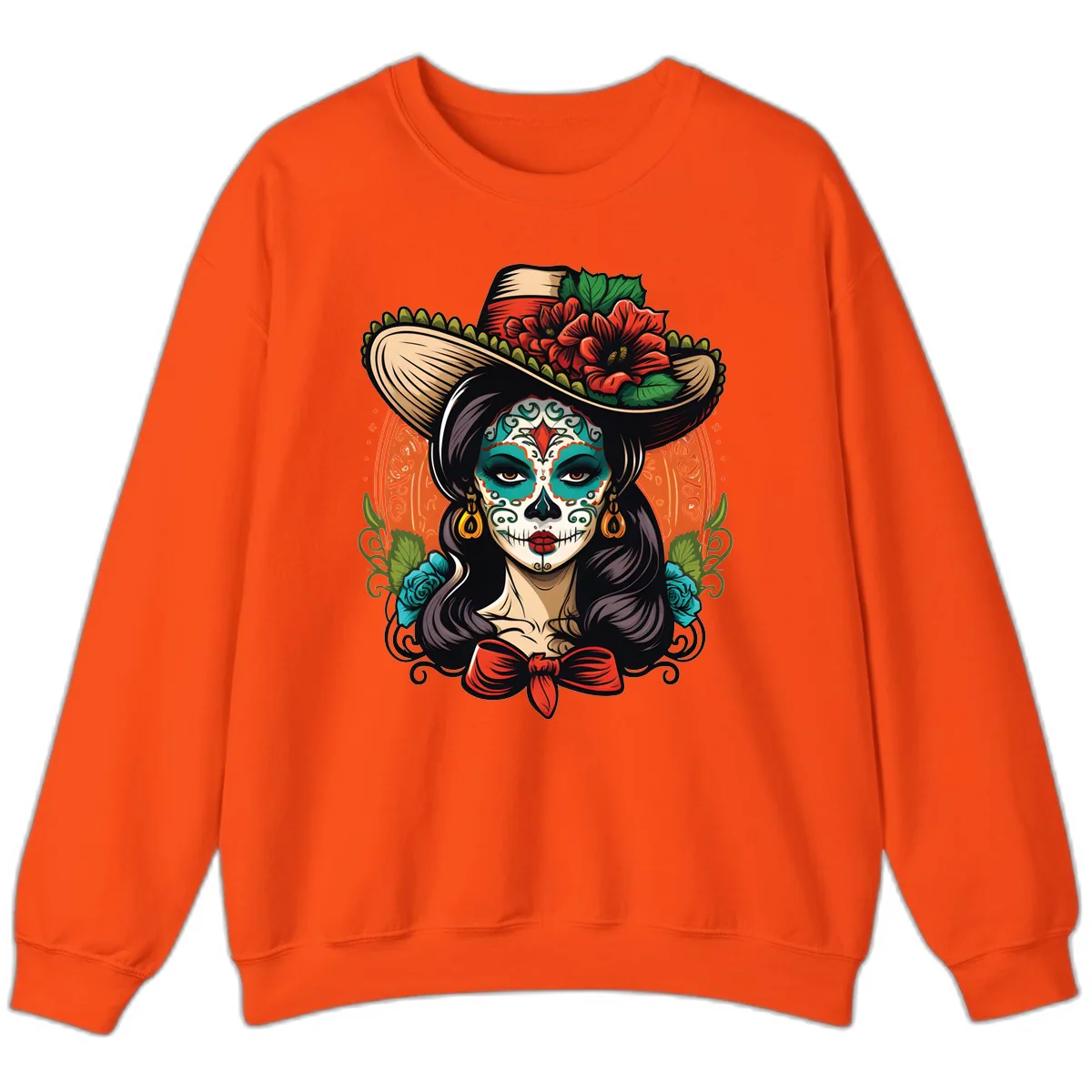 Vibrant Day of the Dead Calavera Lady with Floral Sombrero Sweatshirt in Orange