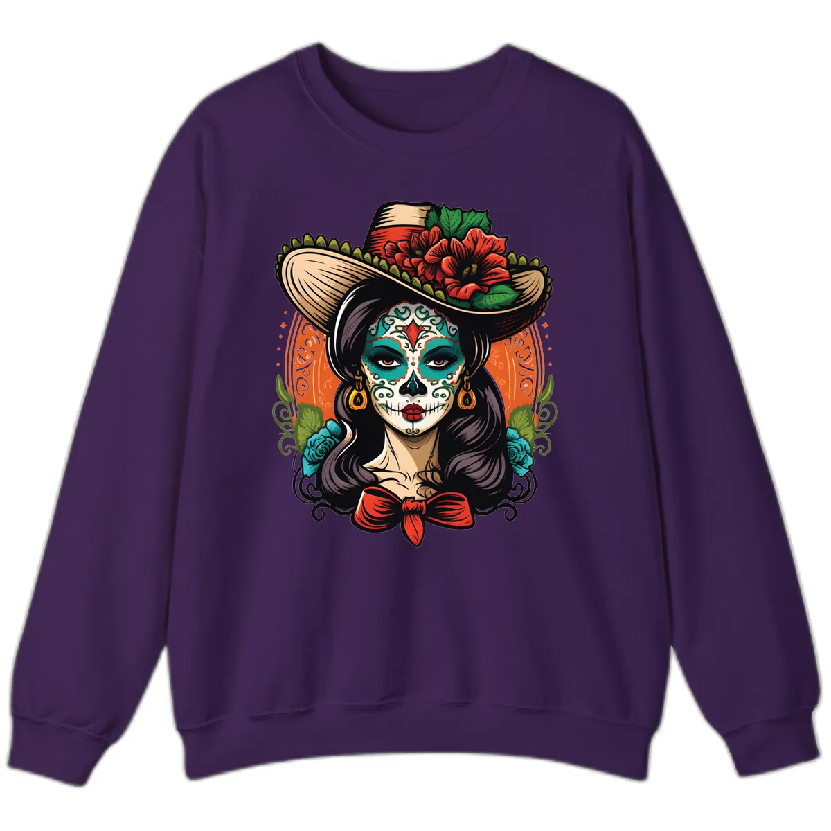 Vibrant Day of the Dead Calavera Lady with Floral Sombrero Sweatshirt in Purple
