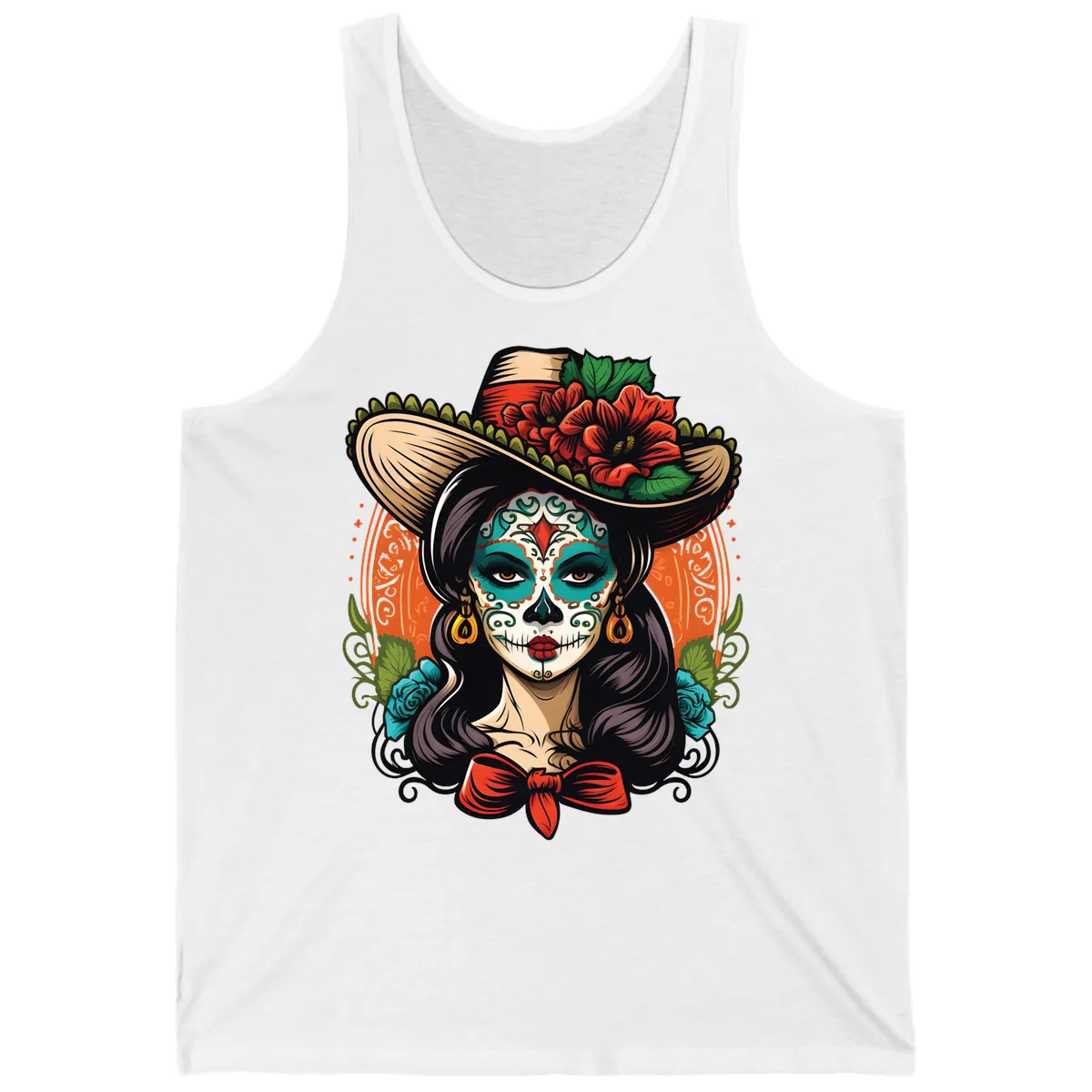 Vibrant Day of the Dead Calavera Lady with Floral Sombrero Tank in White