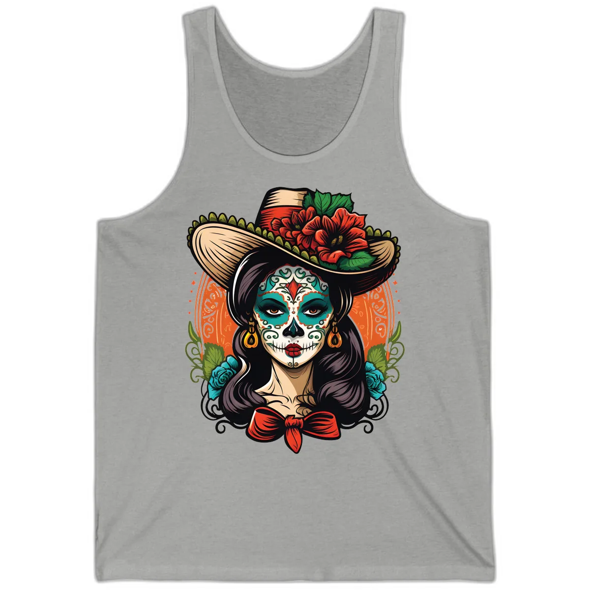 Vibrant Day of the Dead Calavera Lady with Floral Sombrero Tank in Athletic Heather