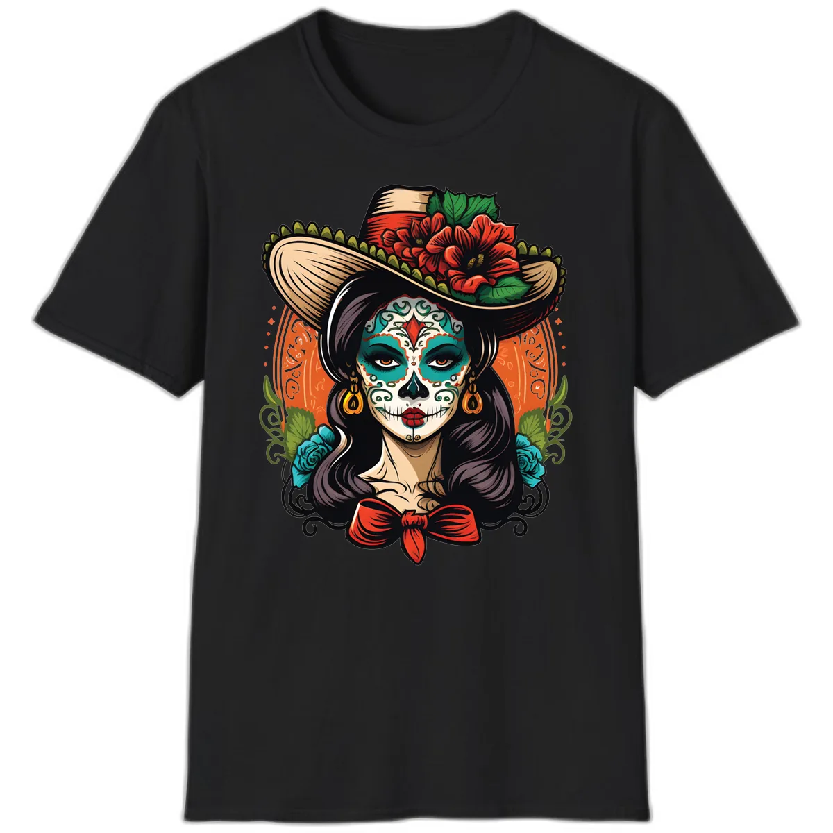 Vibrant Day of the Dead Calavera Lady with Floral Sombrero T-Shirt in Black