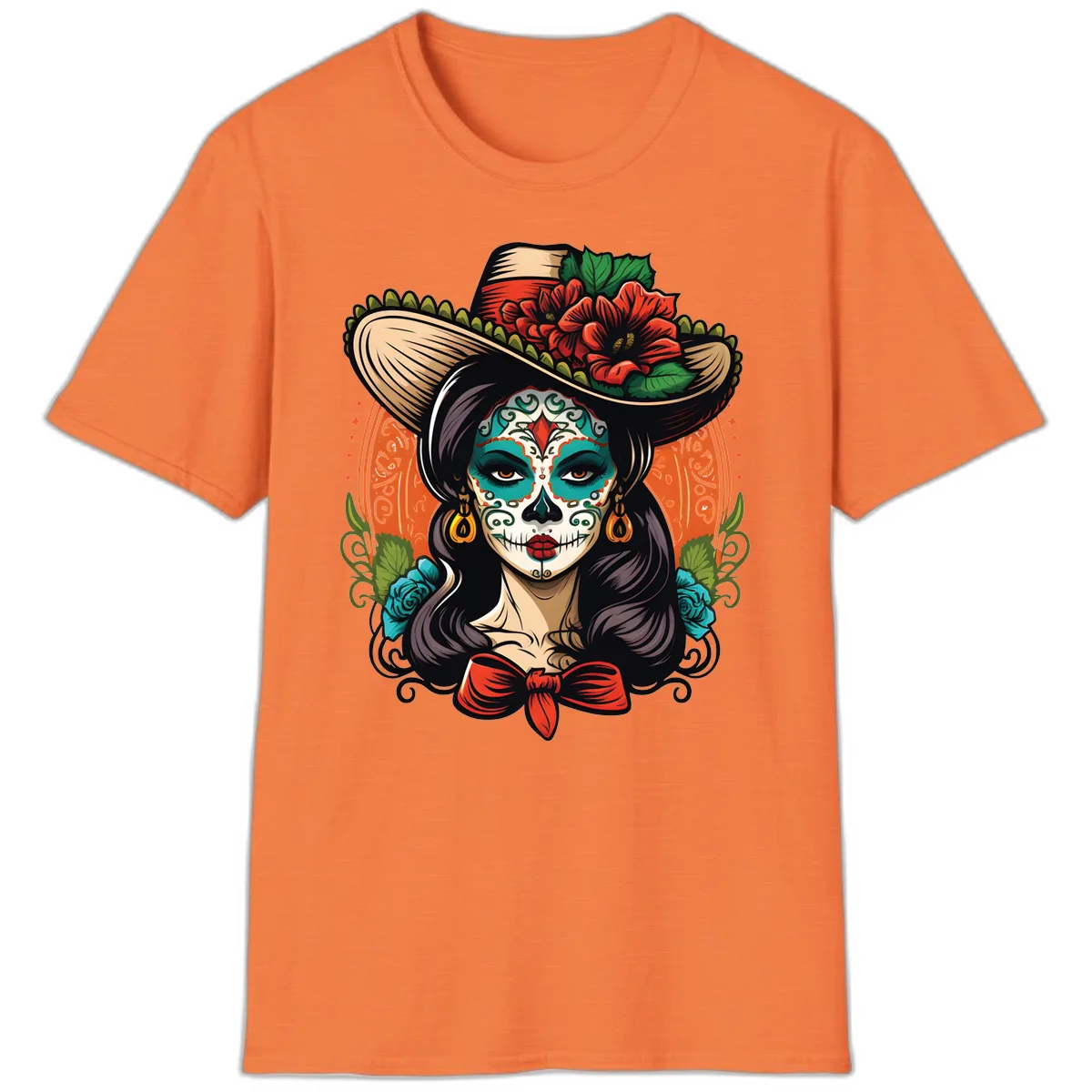 Vibrant Day of the Dead Calavera Lady with Floral Sombrero T-Shirt in Heather Orange