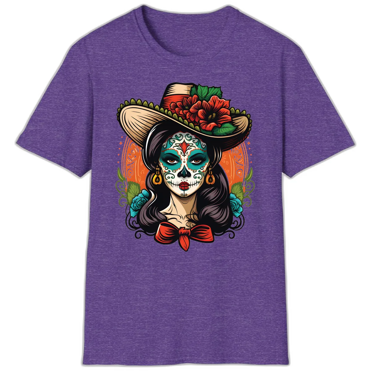 Vibrant Day of the Dead Calavera Lady with Floral Sombrero T-Shirt in Heather Purple