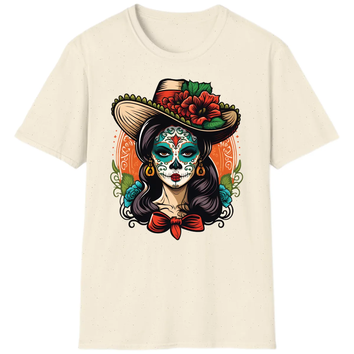 Vibrant Day of the Dead Calavera Lady with Floral Sombrero T-Shirt in Natural
