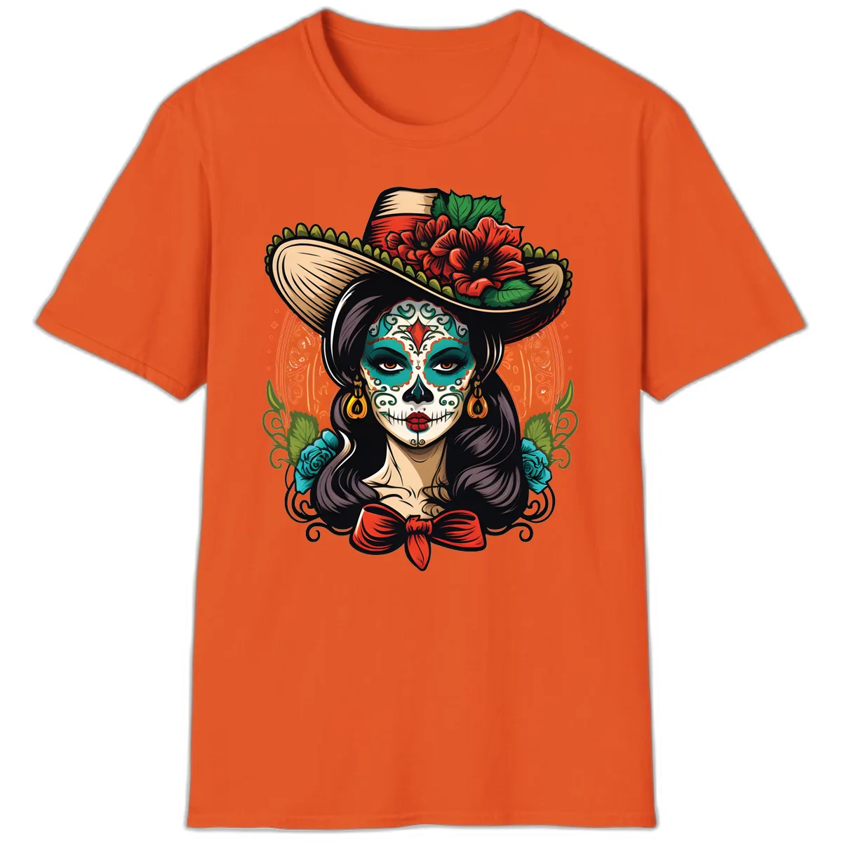Vibrant Day of the Dead Calavera Lady with Floral Sombrero T-Shirt in Orange