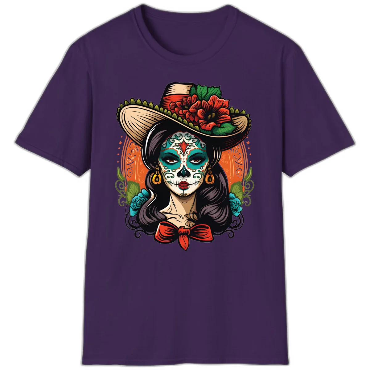 Vibrant Day of the Dead Calavera Lady with Floral Sombrero T-Shirt in Purple