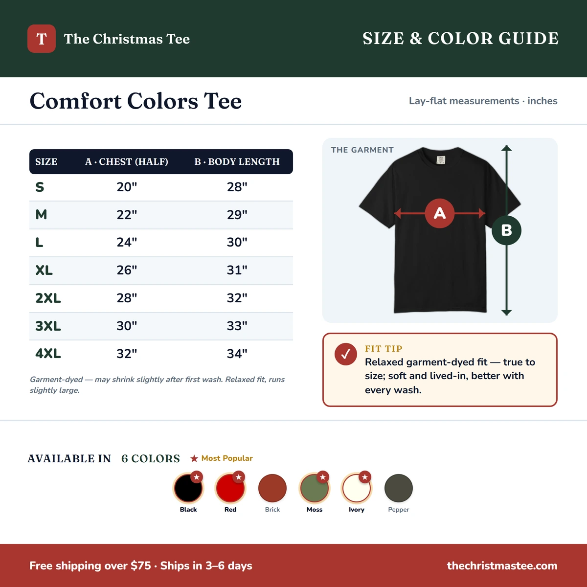 Comfort Color size & color guide