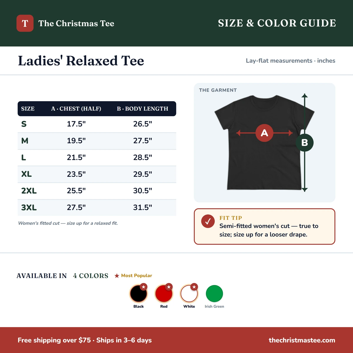 Ladies Tee size & color guide