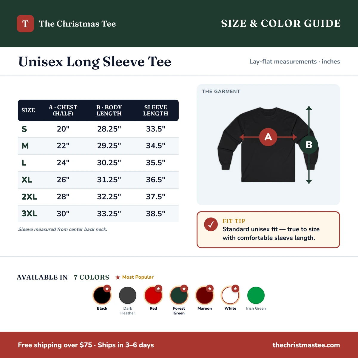 Long Sleeve size & color guide