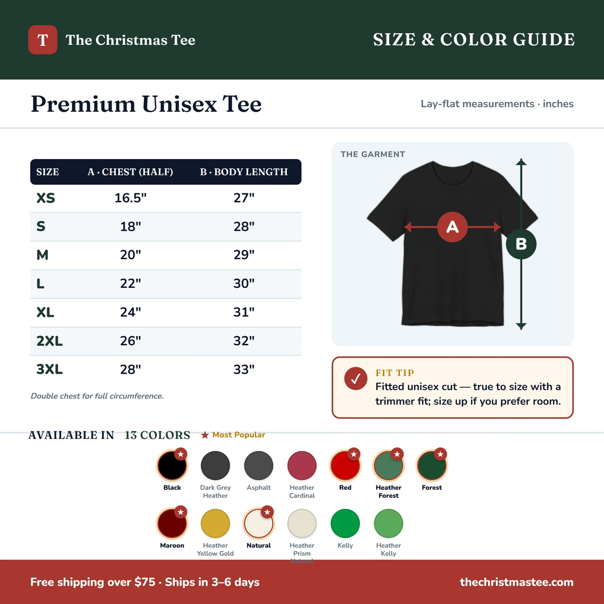 Premium T-Shirt size & color guide