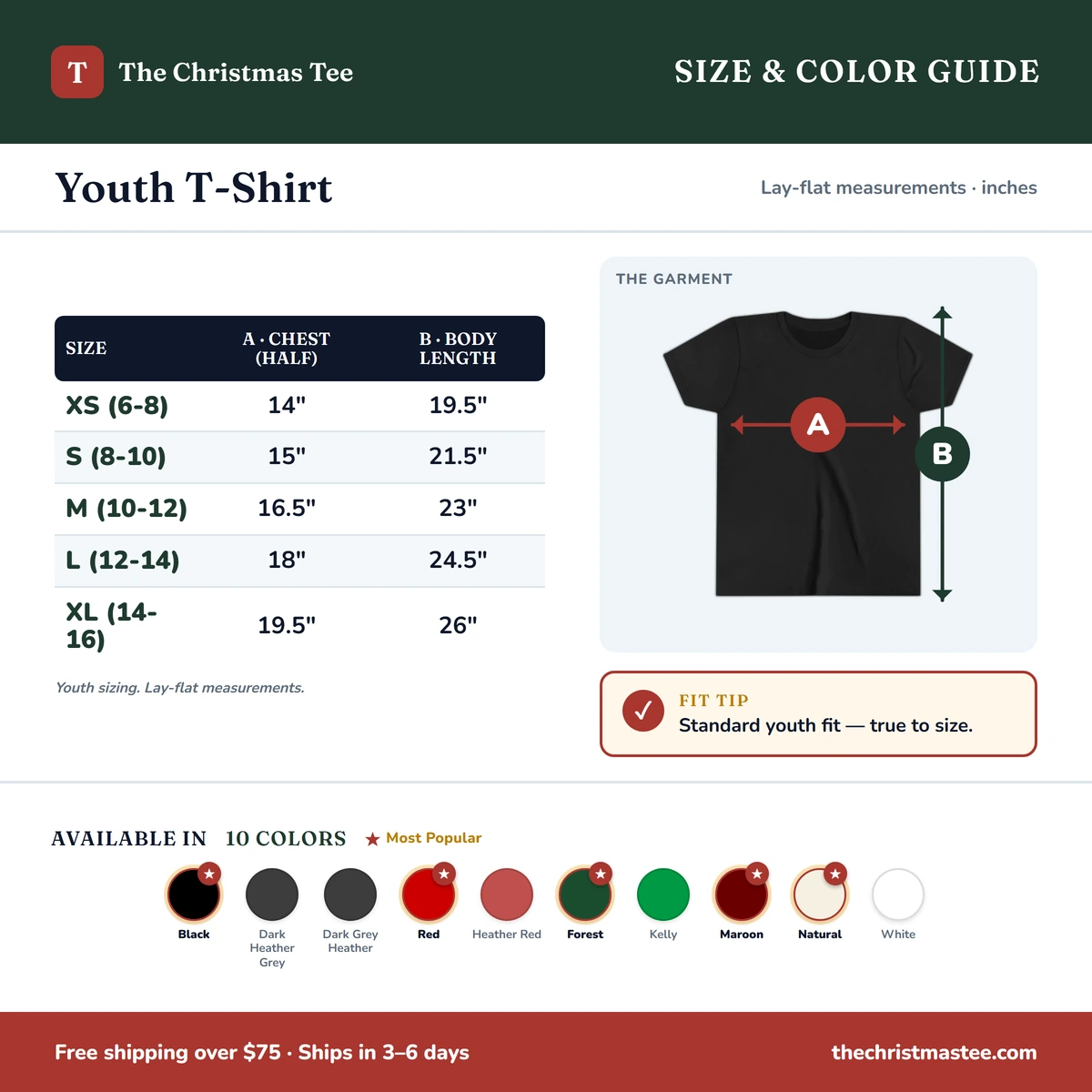 Youth T-Shirt size & color guide