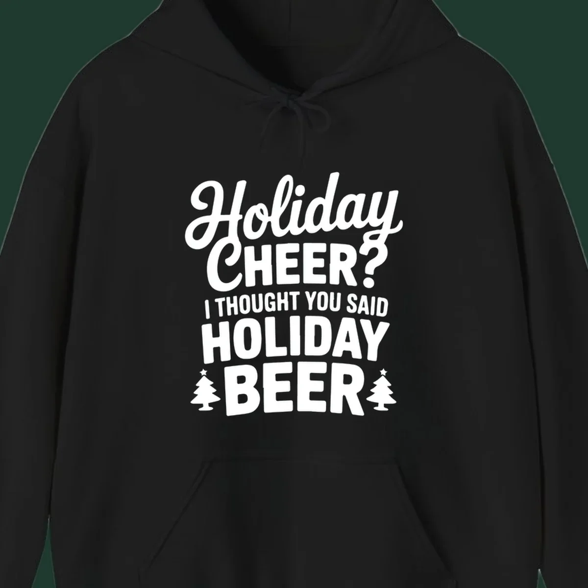 Holiday Beer pun graphic t-shirt design with playful text and Christmas tree icons.