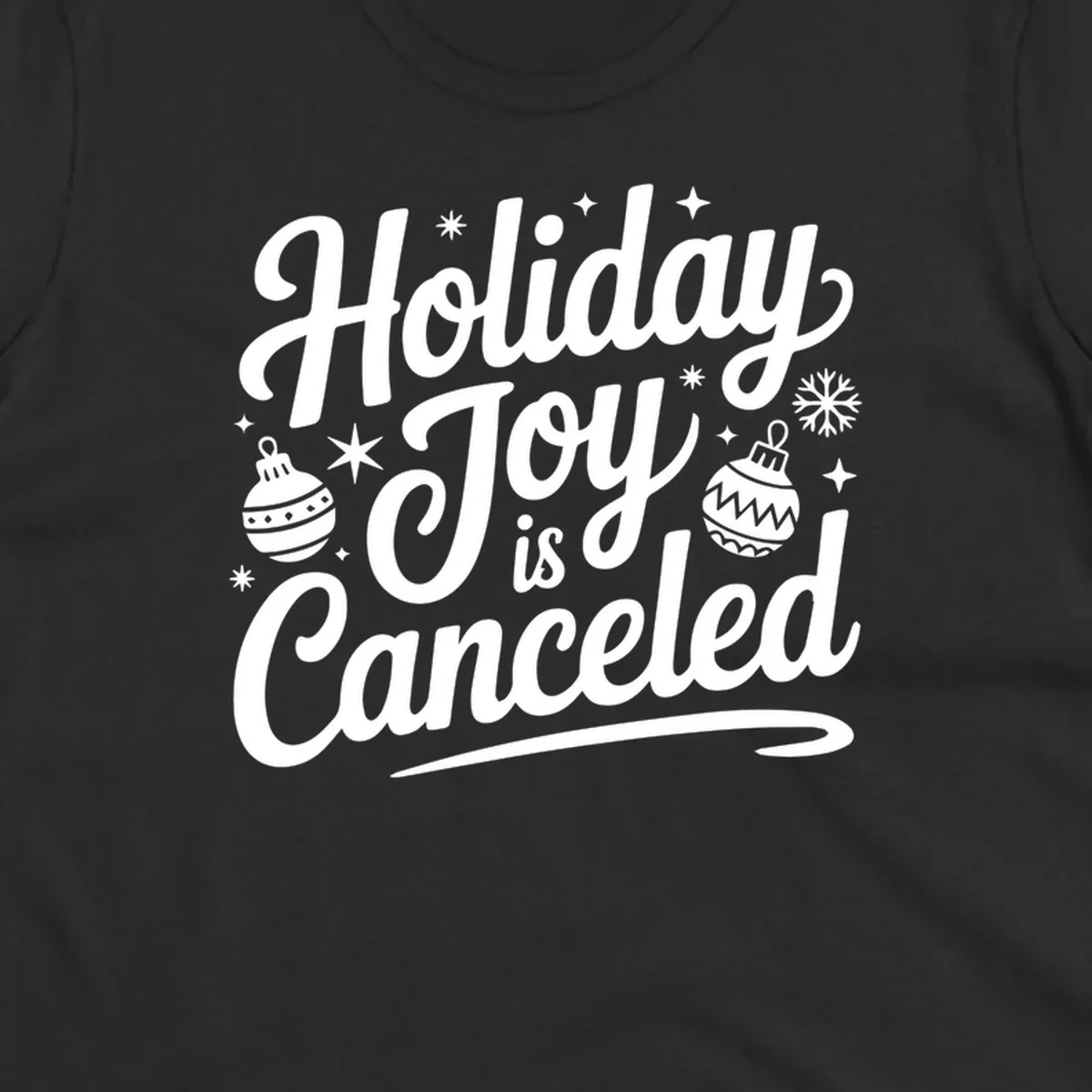Holiday Joy Is Canceled text with Christmas ornaments and snowflakes