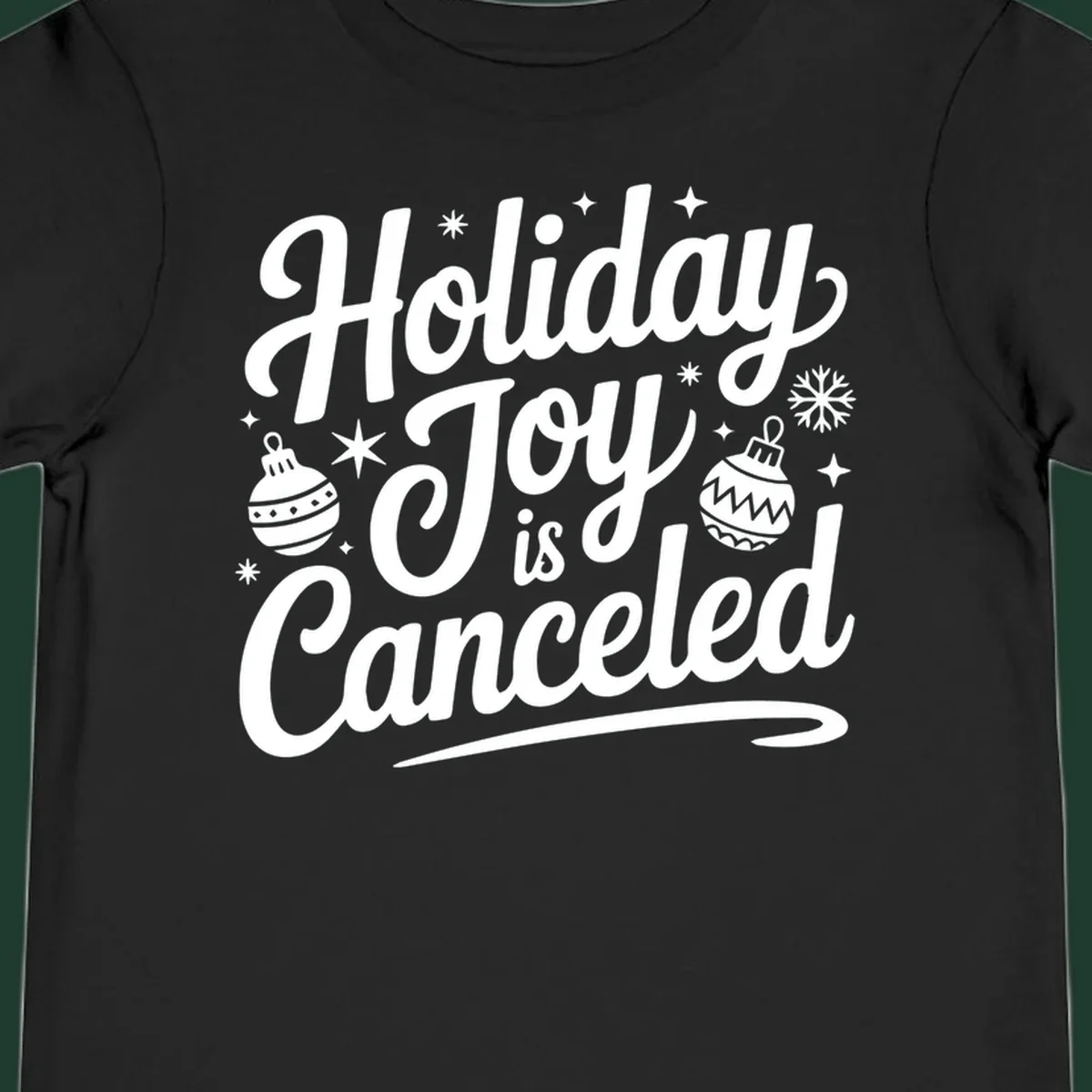 Holiday Joy Is Canceled text with Christmas ornaments and snowflakes