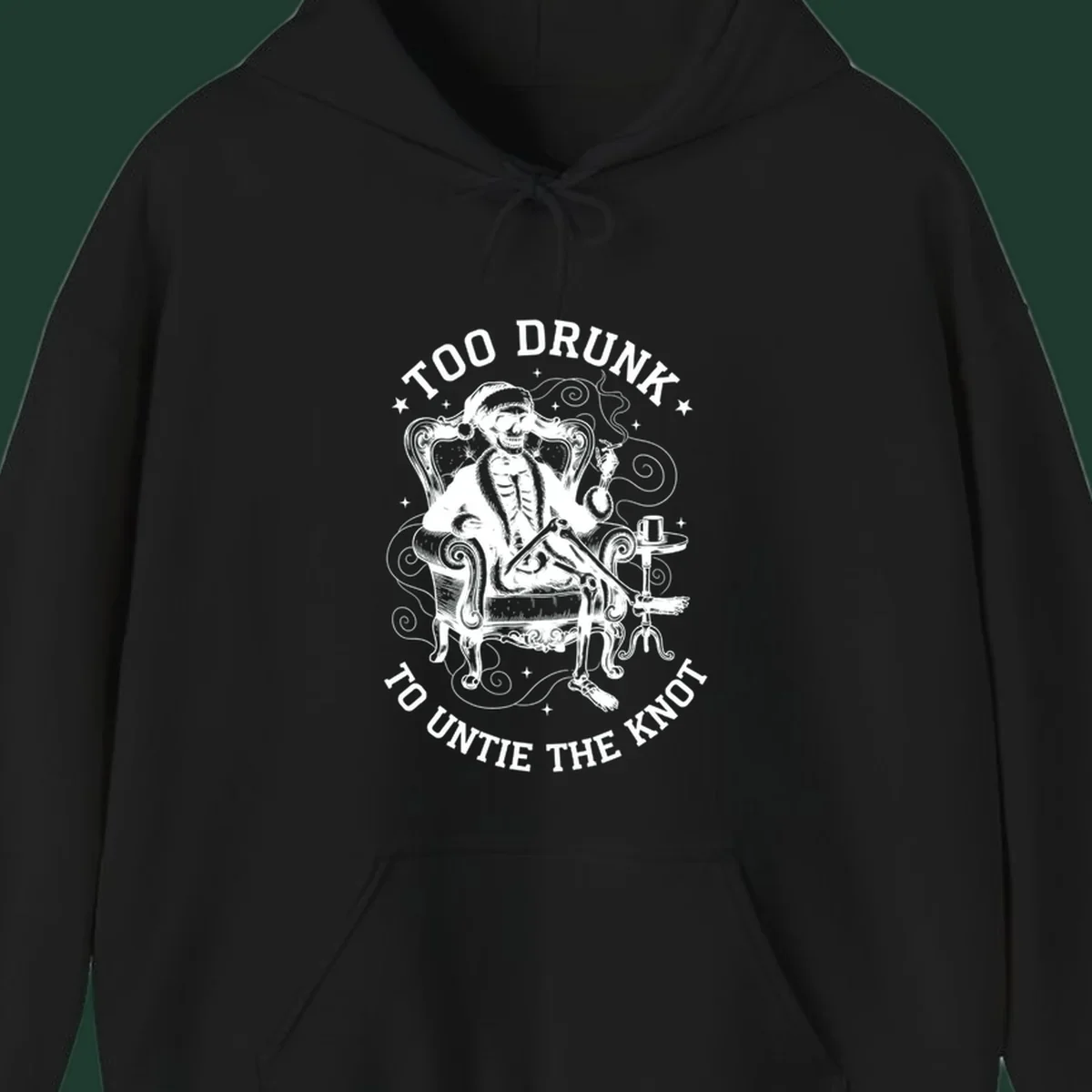 Drunk christmas skeleton in armchair, smoking, with text. Dark garment variant.