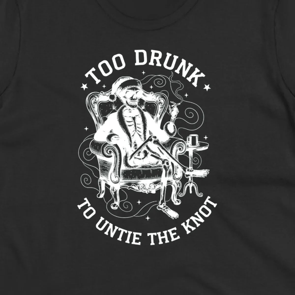 Drunk christmas skeleton in armchair, smoking, with text. Dark garment variant.
