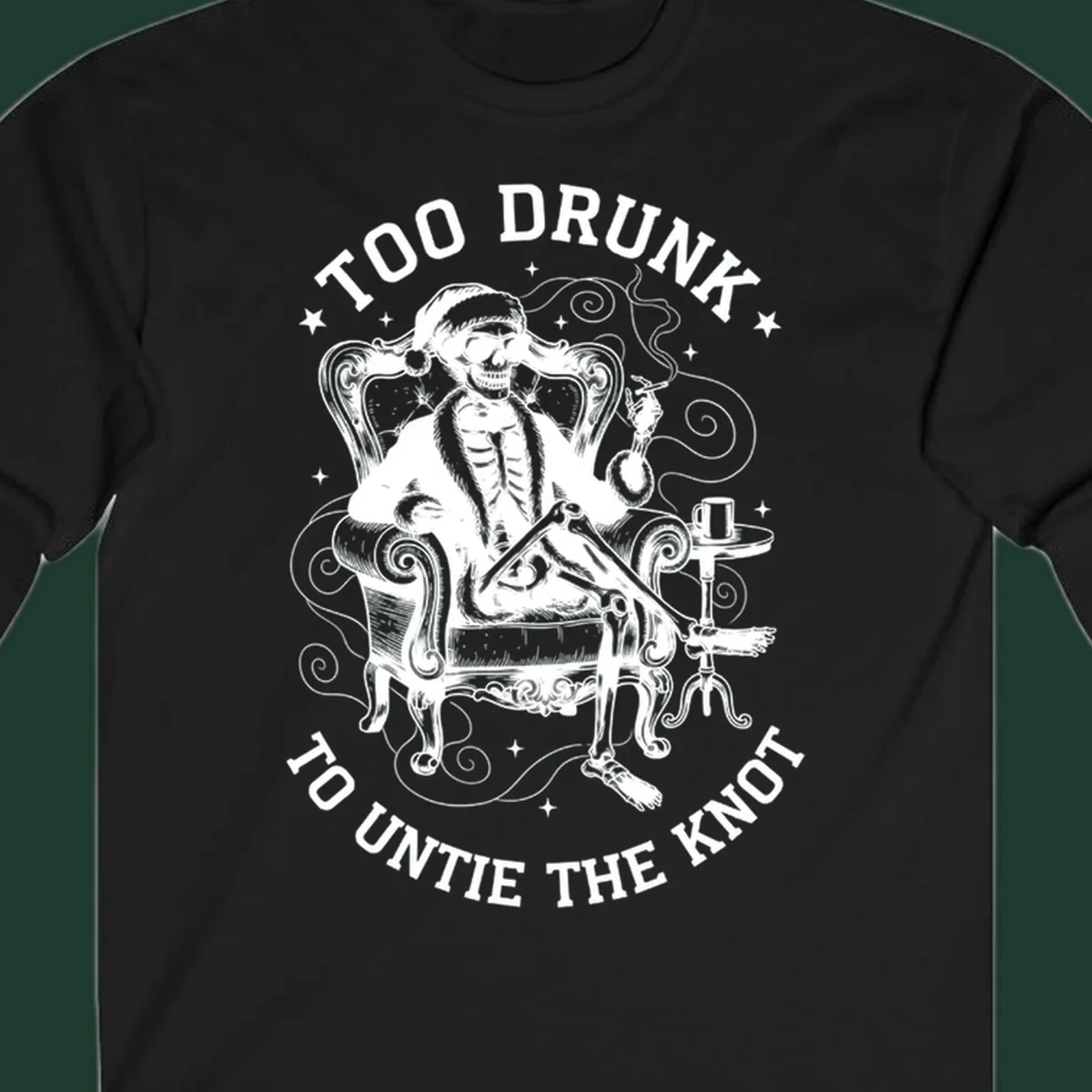 Drunk christmas skeleton in armchair, smoking, with text. Dark garment variant.