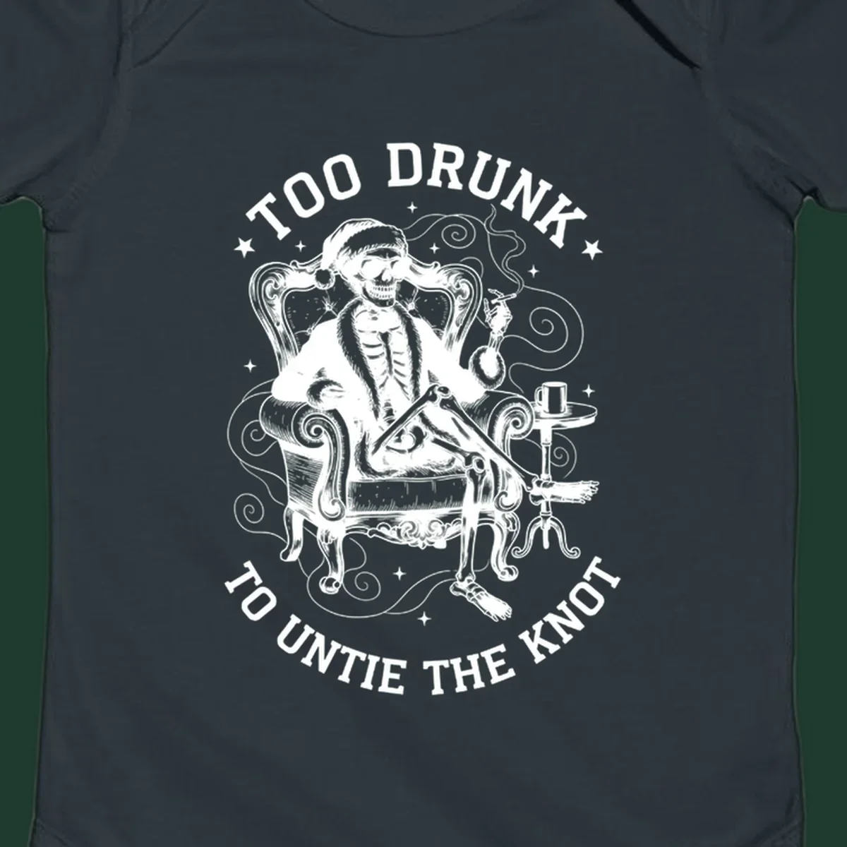 Drunk christmas skeleton in armchair, smoking, with text. Dark garment variant.