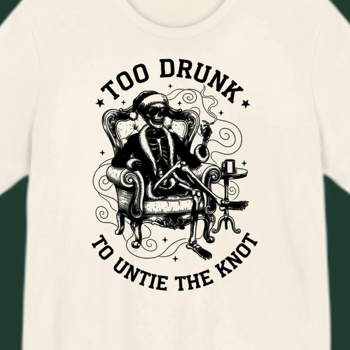 Drunk christmas skeleton in armchair, smoking, with text. Dark garment variant.