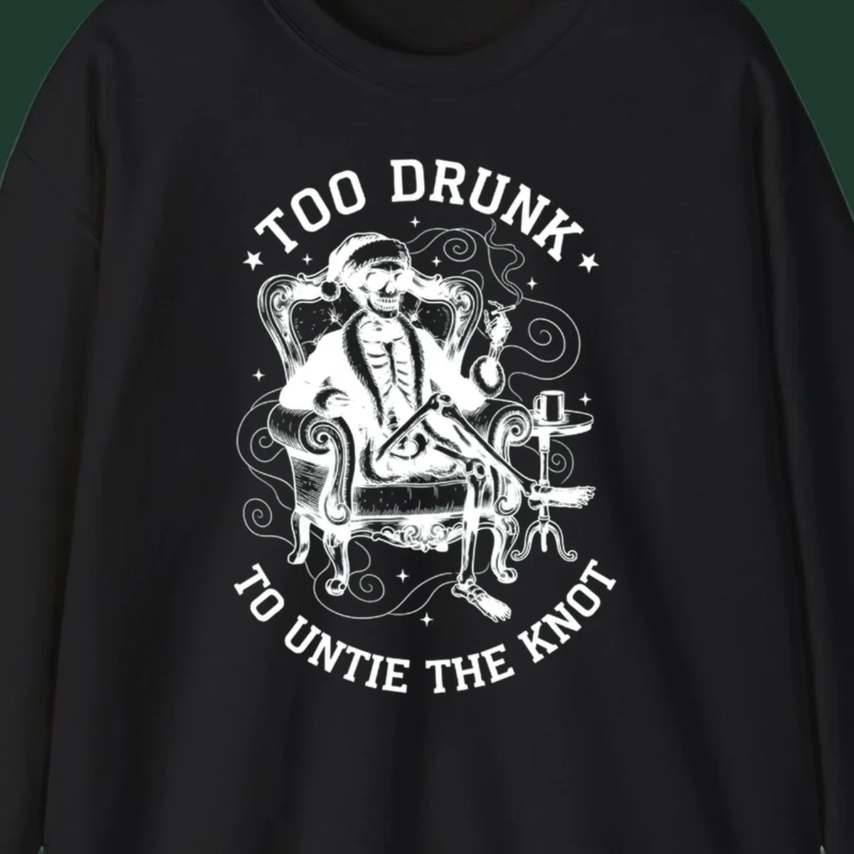 Drunk christmas skeleton in armchair, smoking, with text. Dark garment variant.