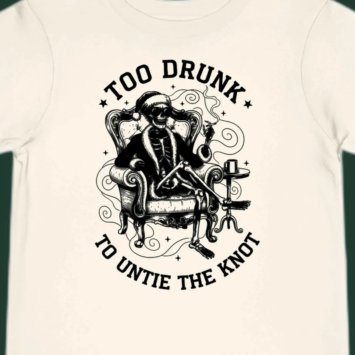 Drunk christmas skeleton in armchair, smoking, with text. Dark garment variant.