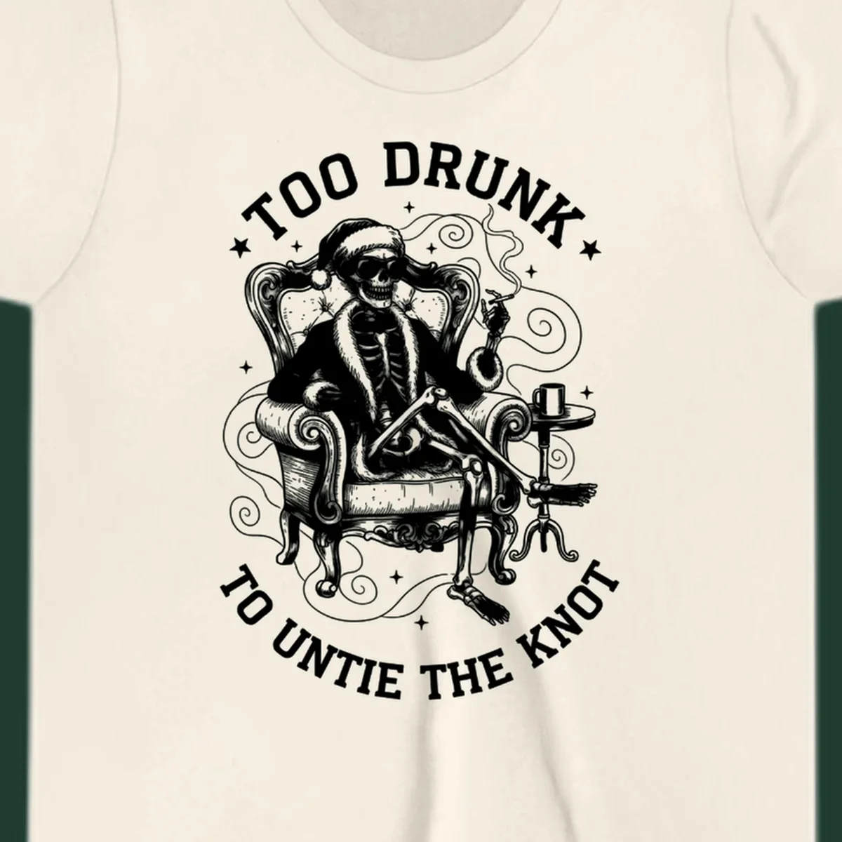 Drunk christmas skeleton in armchair, smoking, with text. Dark garment variant.