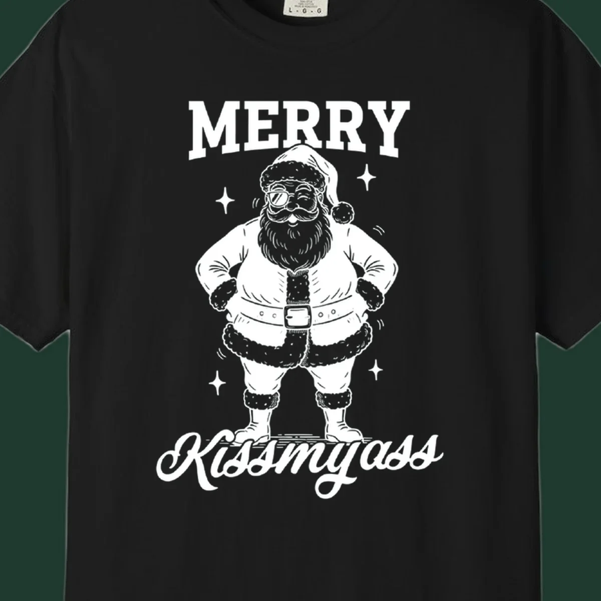 Merry Kiss My Ass Santa Illustration graphic tee. Santa Claus winks with sunglasses.