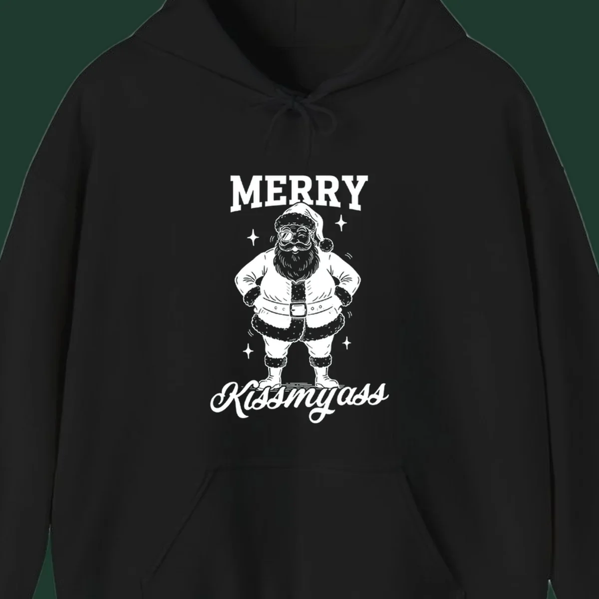 Merry Kiss My Ass Santa Illustration graphic tee. Santa Claus winks with sunglasses.