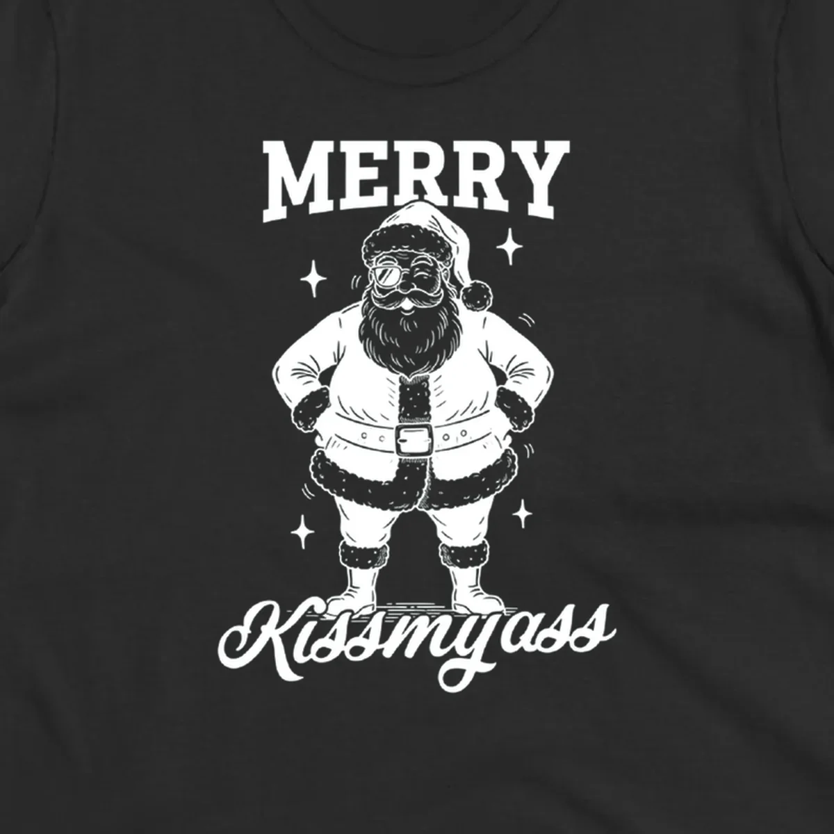 Merry Kiss My Ass Santa Illustration graphic tee. Santa Claus winks with sunglasses.