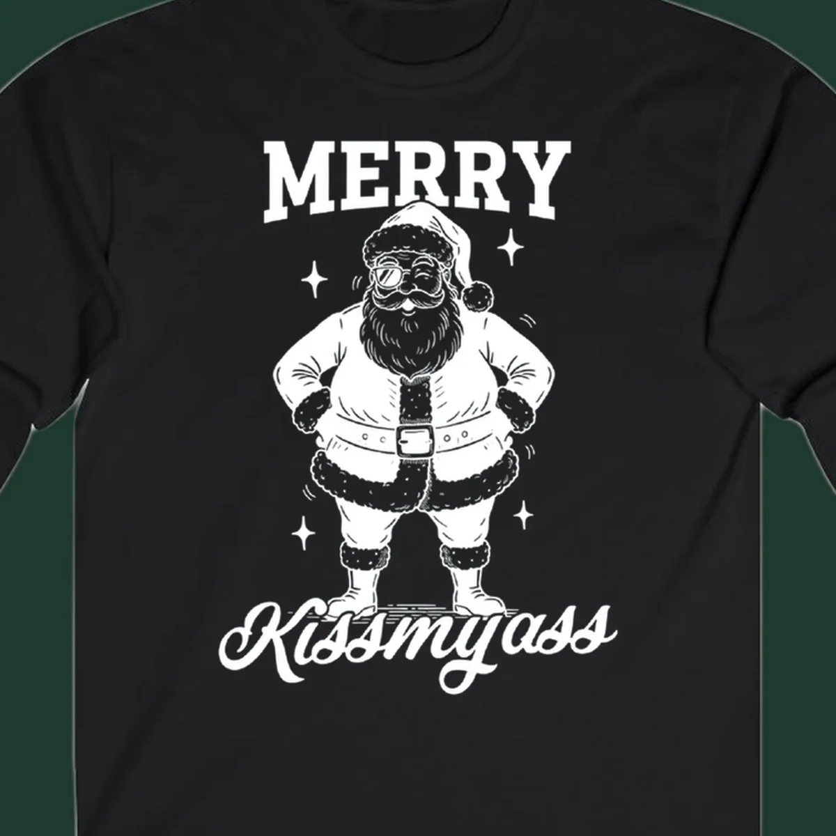 Merry Kiss My Ass Santa Illustration graphic tee. Santa Claus winks with sunglasses.