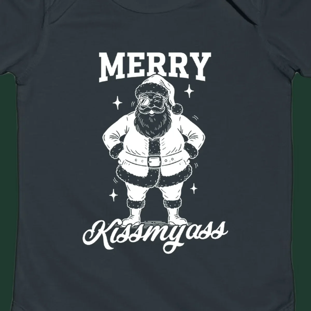 Merry Kiss My Ass Santa Illustration graphic tee. Santa Claus winks with sunglasses.