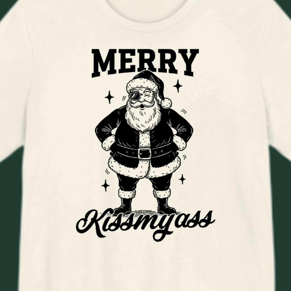 Merry Kiss My Ass Santa Illustration graphic tee. Santa Claus winks with sunglasses.