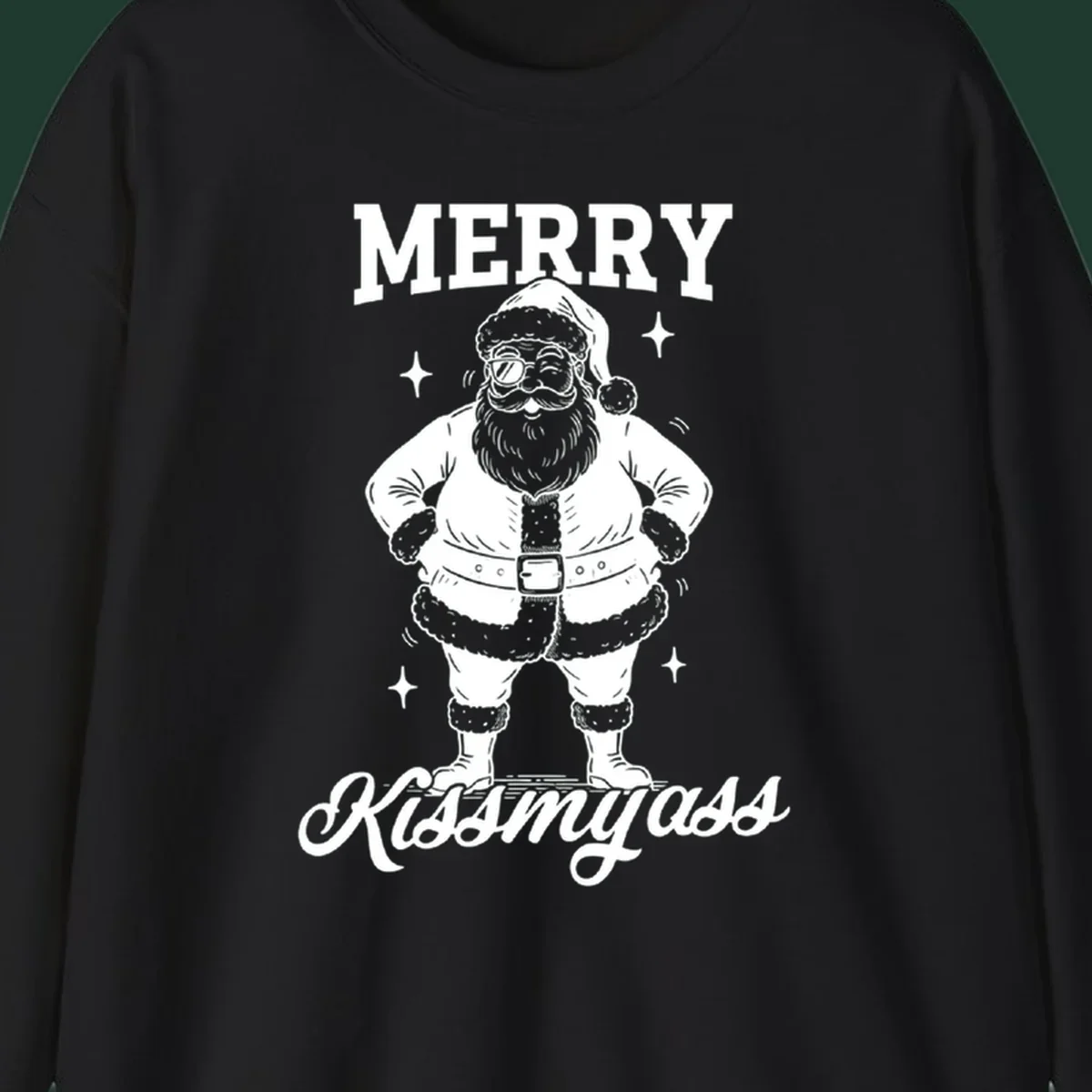 Merry Kiss My Ass Santa Illustration graphic tee. Santa Claus winks with sunglasses.