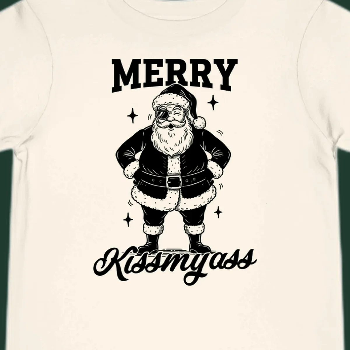 Merry Kiss My Ass Santa Illustration graphic tee. Santa Claus winks with sunglasses.
