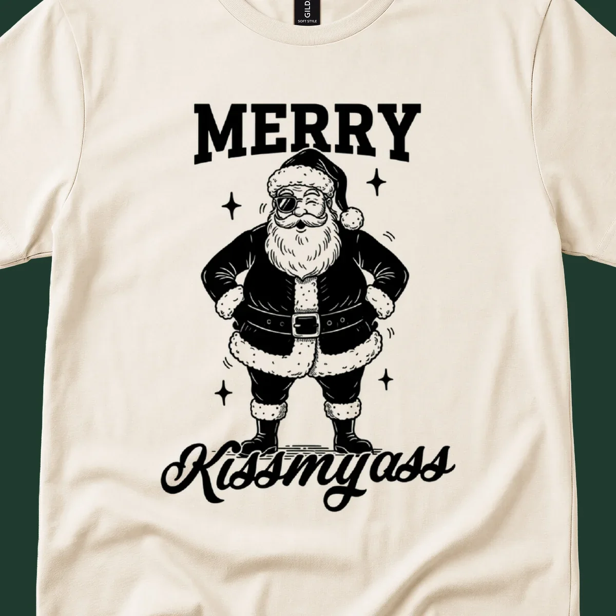 Merry Kiss My Ass Santa Illustration graphic tee. Santa Claus winks with sunglasses.