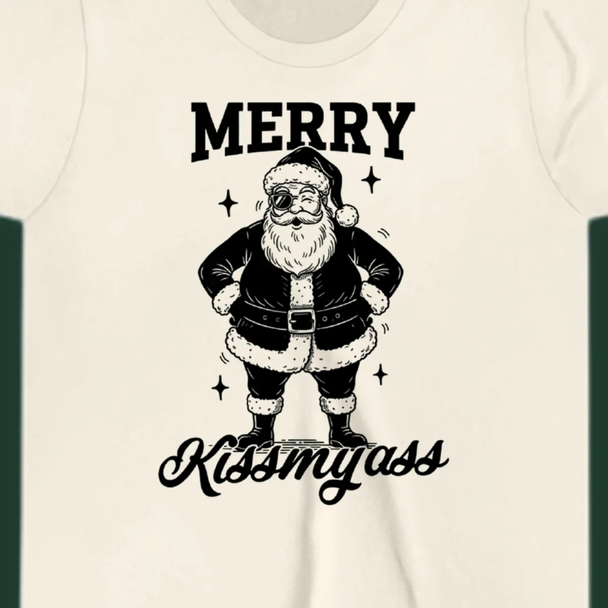 Merry Kiss My Ass Santa Illustration graphic tee. Santa Claus winks with sunglasses.