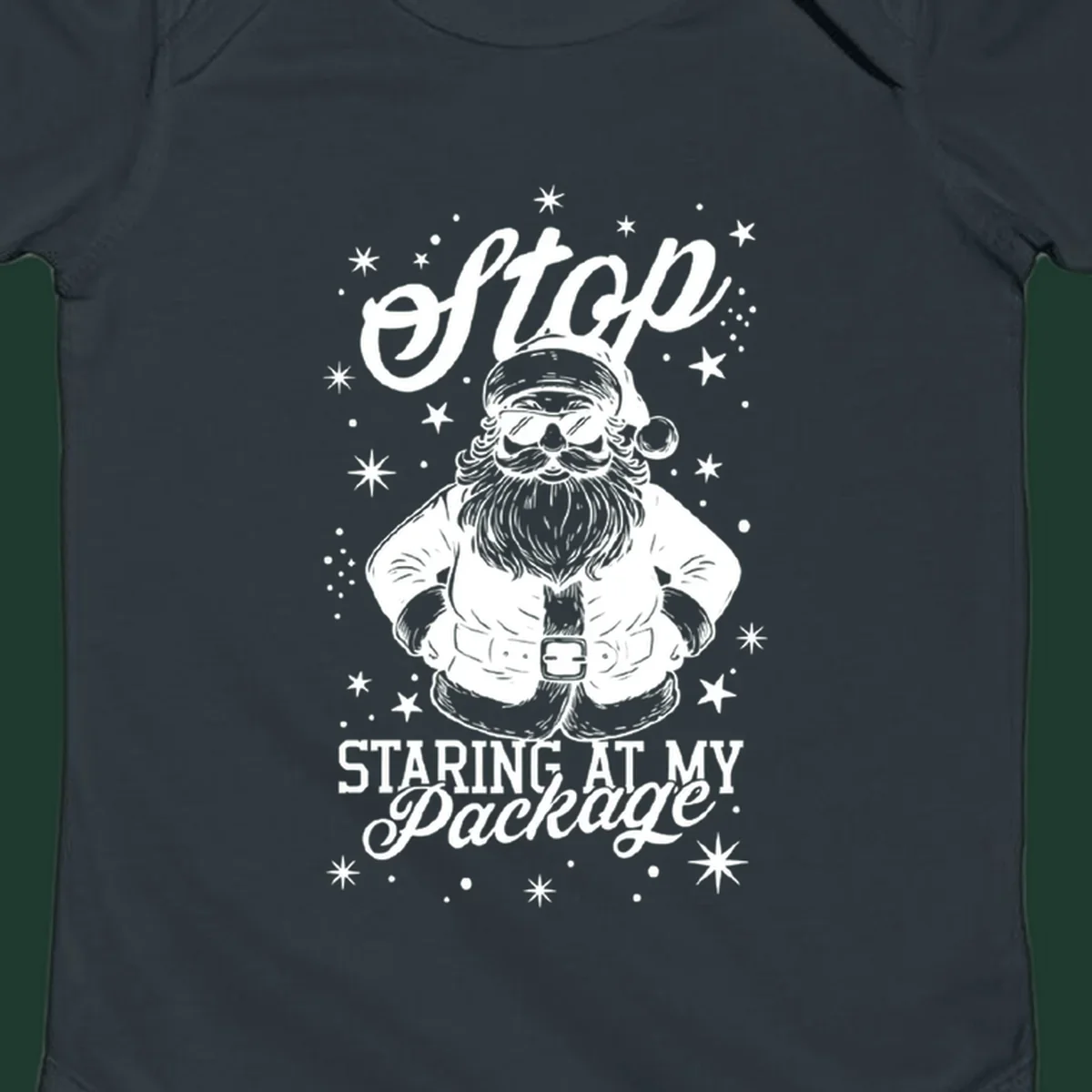 Santa Claus wearing sunglasses with the text 'Stop STARING AT MY Package', part of the santa-package-joke concept.