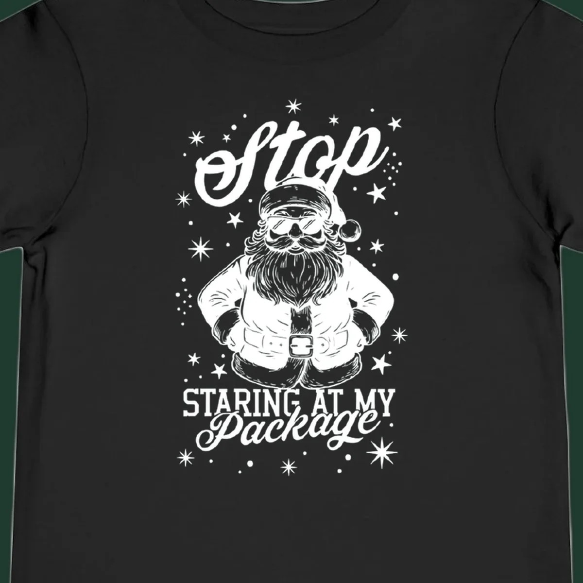 Santa Claus wearing sunglasses with the text 'Stop STARING AT MY Package', part of the santa-package-joke concept.