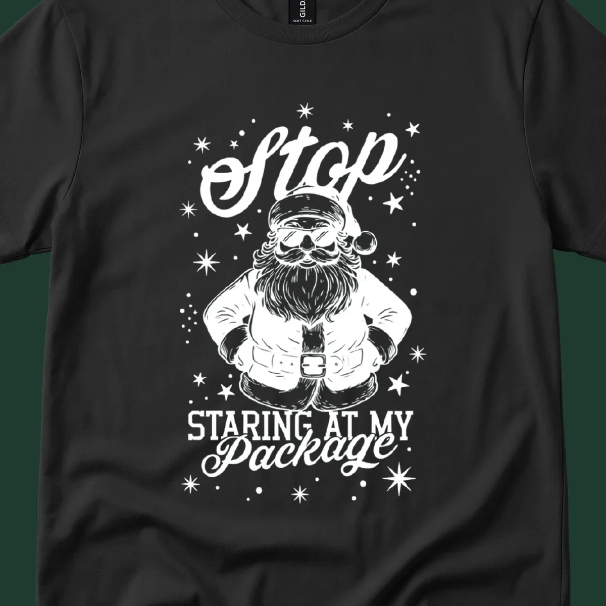 Santa Claus wearing sunglasses with the text 'Stop STARING AT MY Package', part of the santa-package-joke concept.