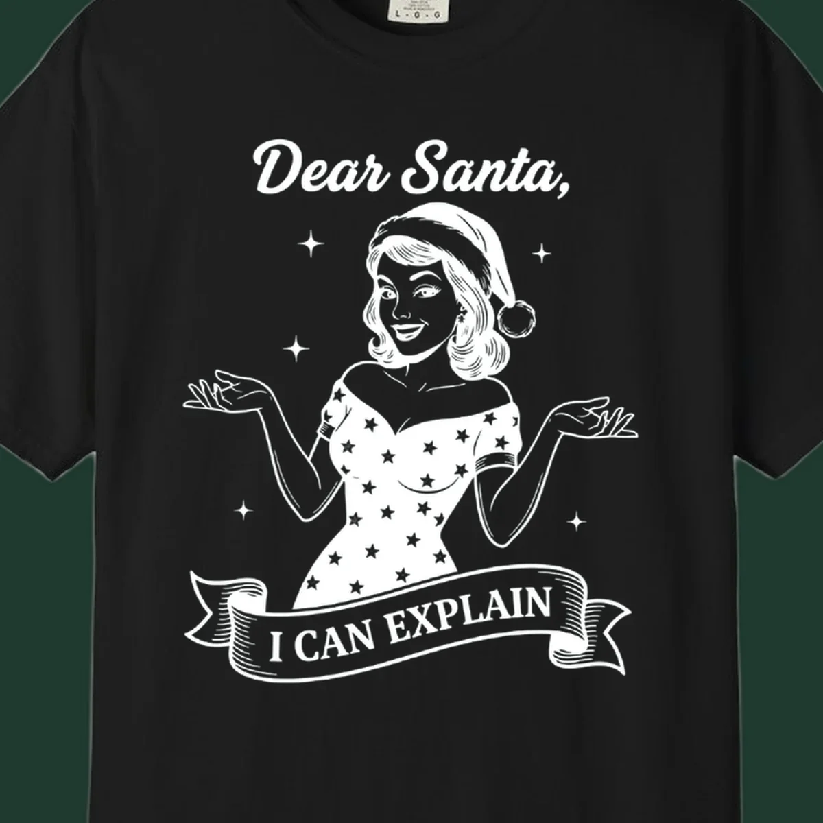 Illustration of a woman in a Santa hat with text 'Dear Santa, I CAN EXPLAIN'.