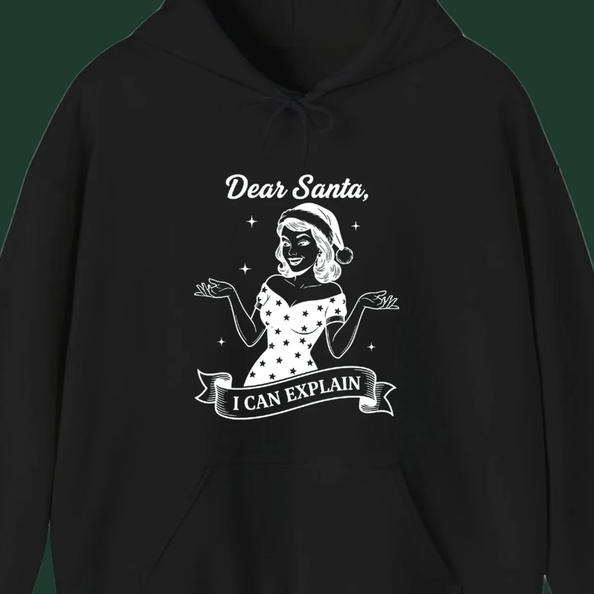 Illustration of a woman in a Santa hat with text 'Dear Santa, I CAN EXPLAIN'.