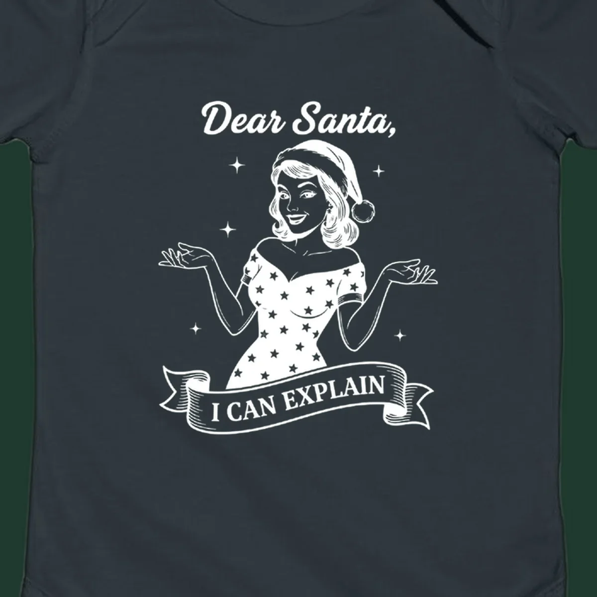 Illustration of a woman in a Santa hat with text 'Dear Santa, I CAN EXPLAIN'.