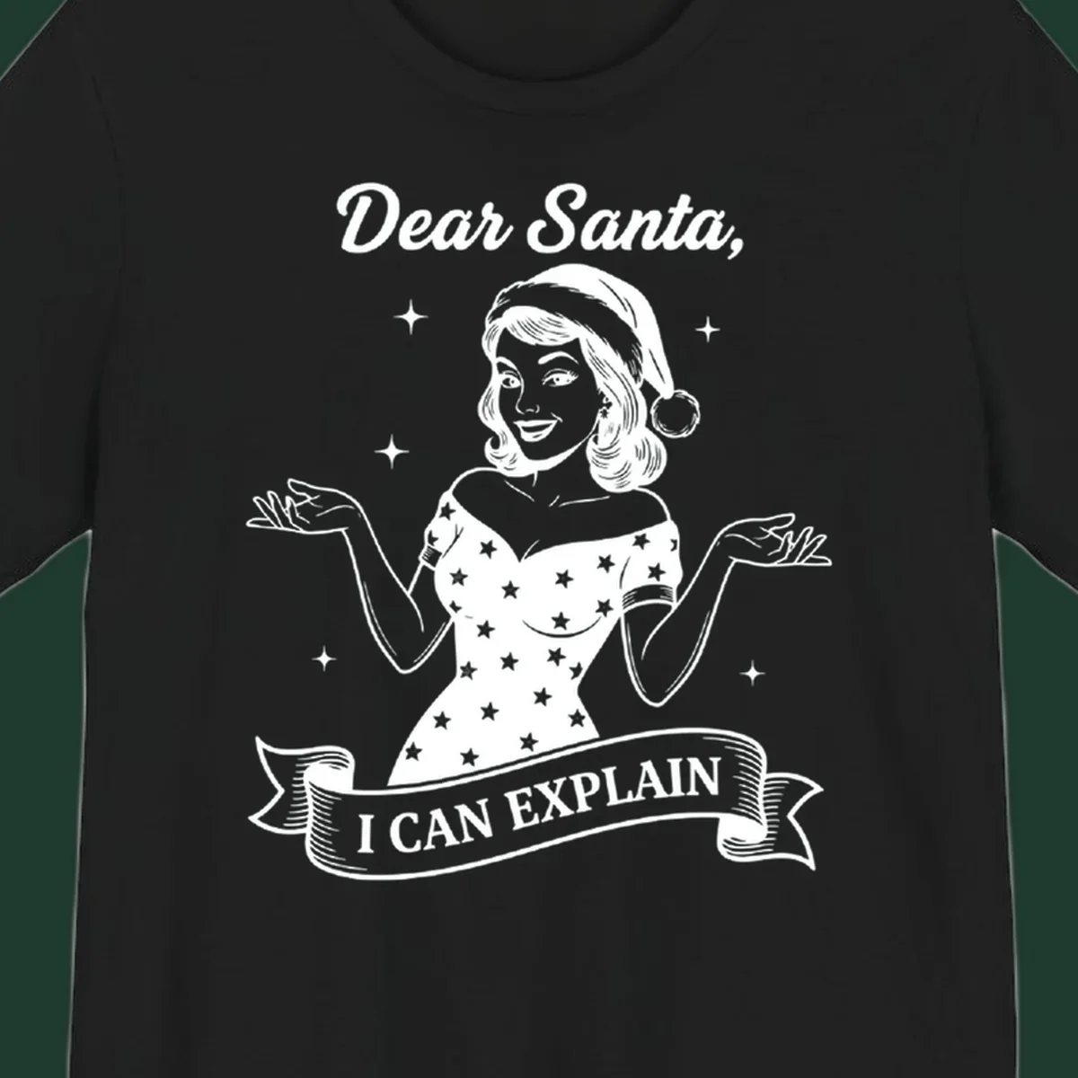 Illustration of a woman in a Santa hat with text 'Dear Santa, I CAN EXPLAIN'.