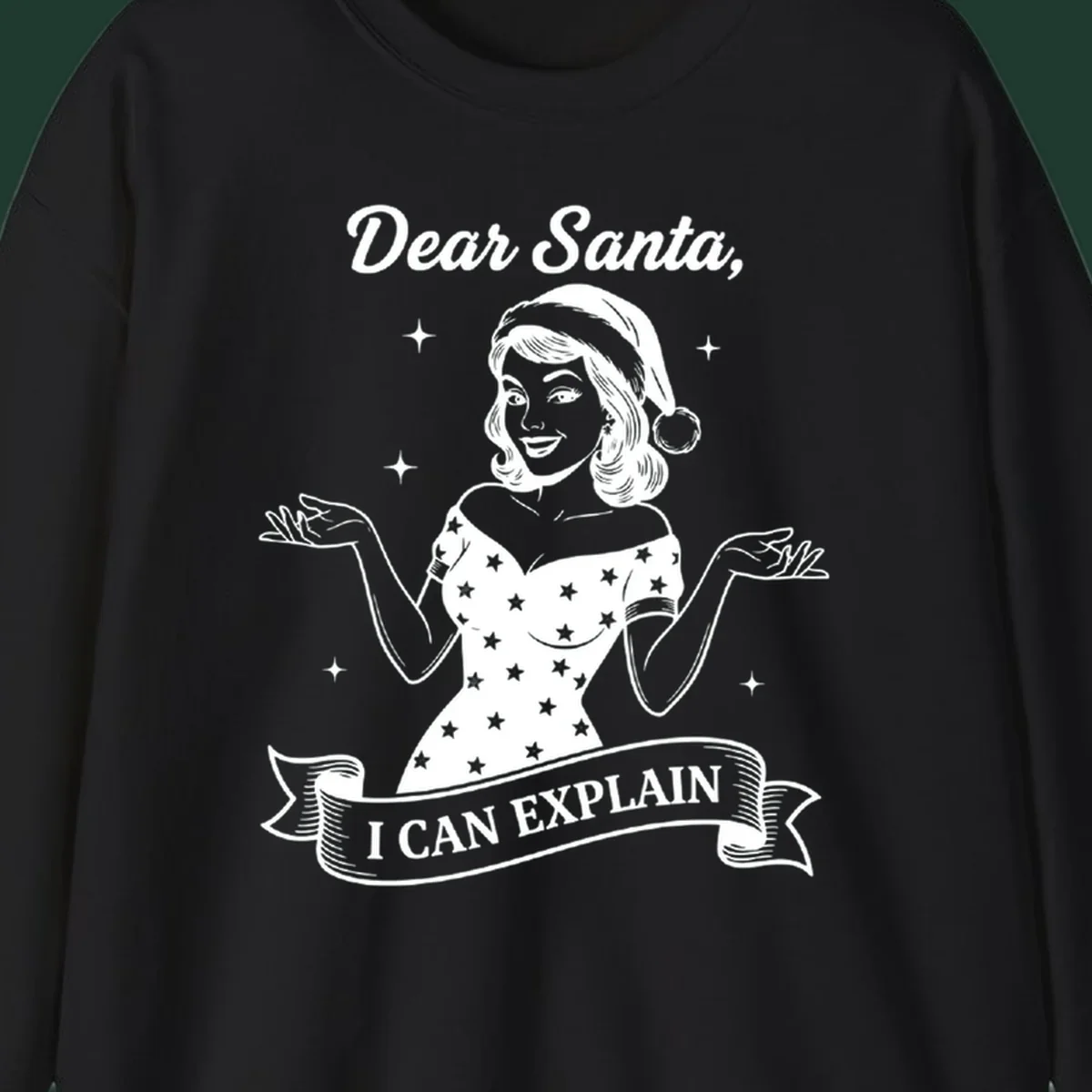 Illustration of a woman in a Santa hat with text 'Dear Santa, I CAN EXPLAIN'.