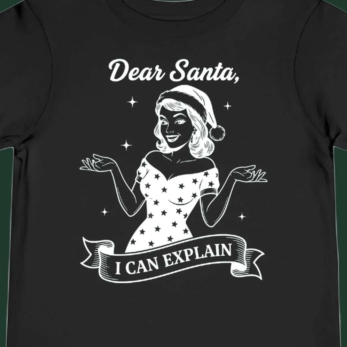 Illustration of a woman in a Santa hat with text 'Dear Santa, I CAN EXPLAIN'.